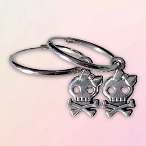 Skull, Crossbones & Bow, Simple Silver Mini Charm, Hoop Earrings